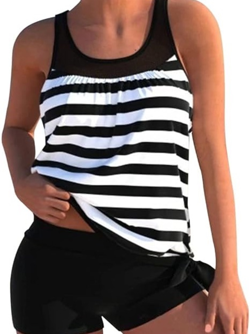 New Black and White Striped Tankini Size XL